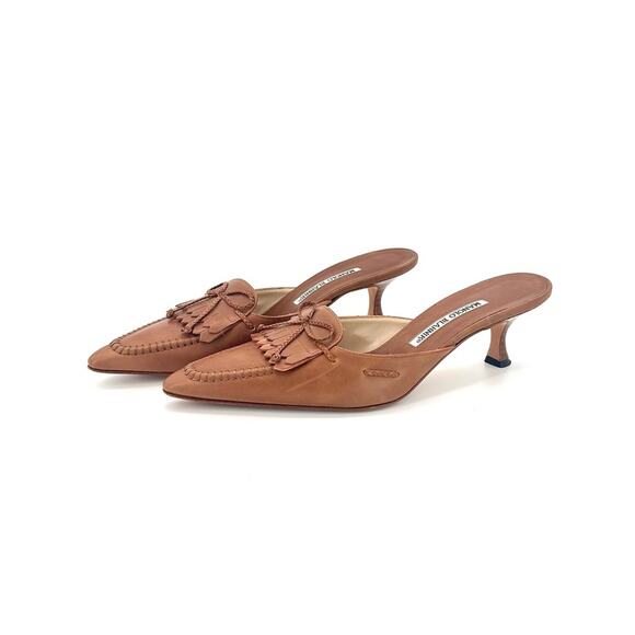 Manolo Blahnik Shoes - Vintage Manolo Blahnik  Bow Fringe Detail Pointed Toe Kitten Heel Mules 39.5